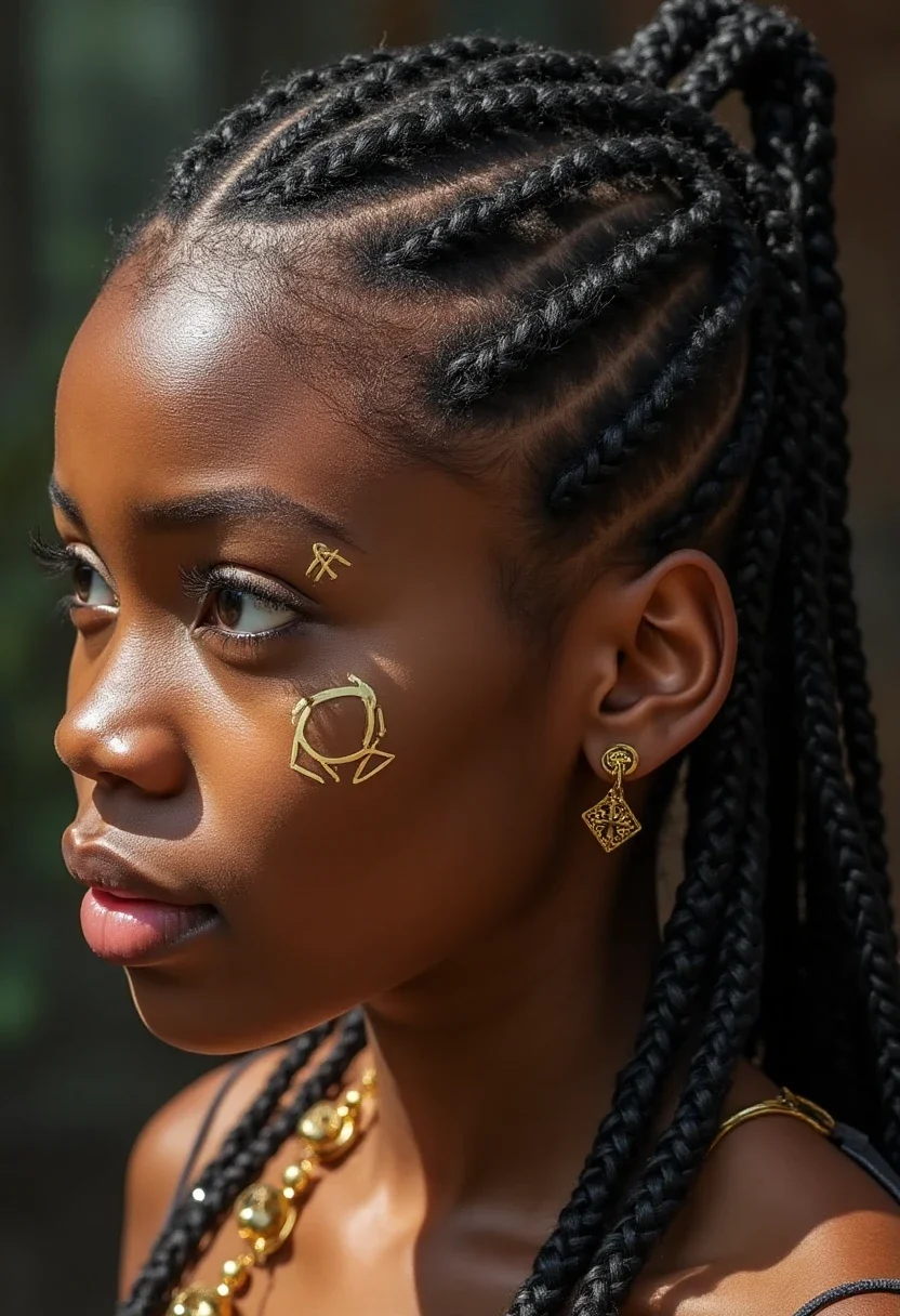 Woman with intricate cornrow braids and gold hair cuffs.