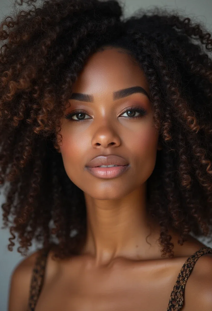 Woman with curly crochet braids framing her face.