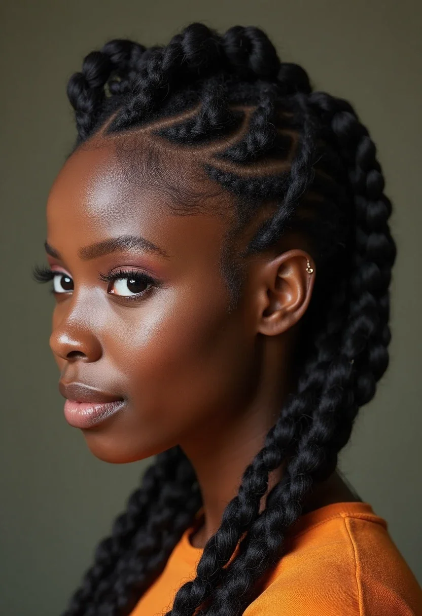 Woman with Ghana braids in a zigzag pattern.