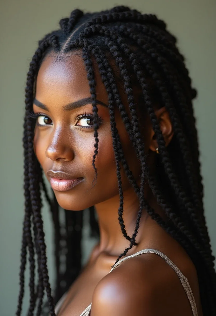 Woman with tree braids showing flowing, unbraided ends.