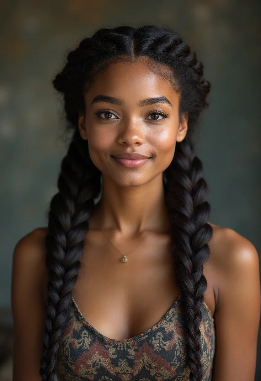 Woman with feed-in braids that thicken towards the back.