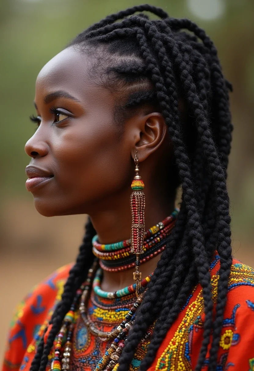 Woman with Fulani braids decorated with colorful beads.