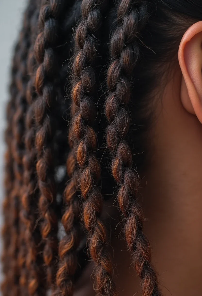 Close-up of knotless braids starting from natural hairline.
