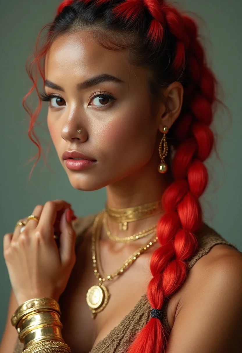 Woman with lemonade braids featuring red highlights and gold cuffs.
