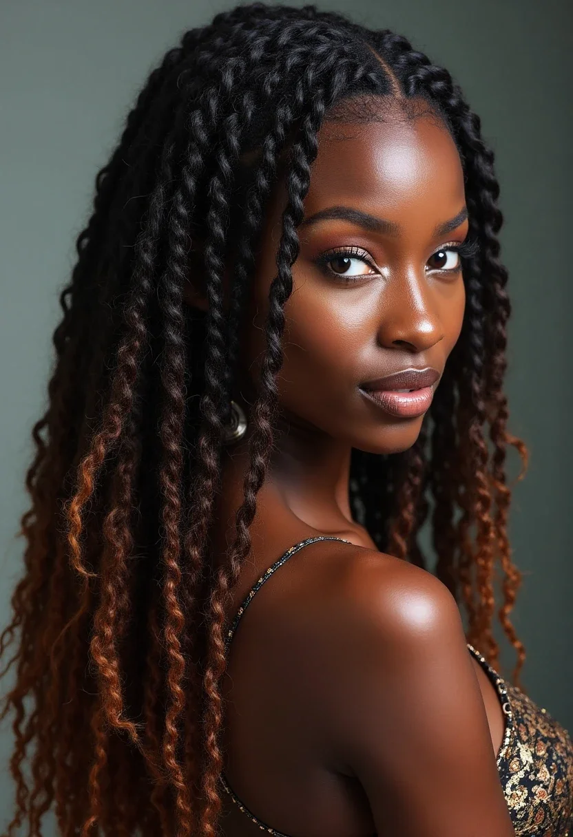 Woman with long Senegalese twists styled half-up, half-down.