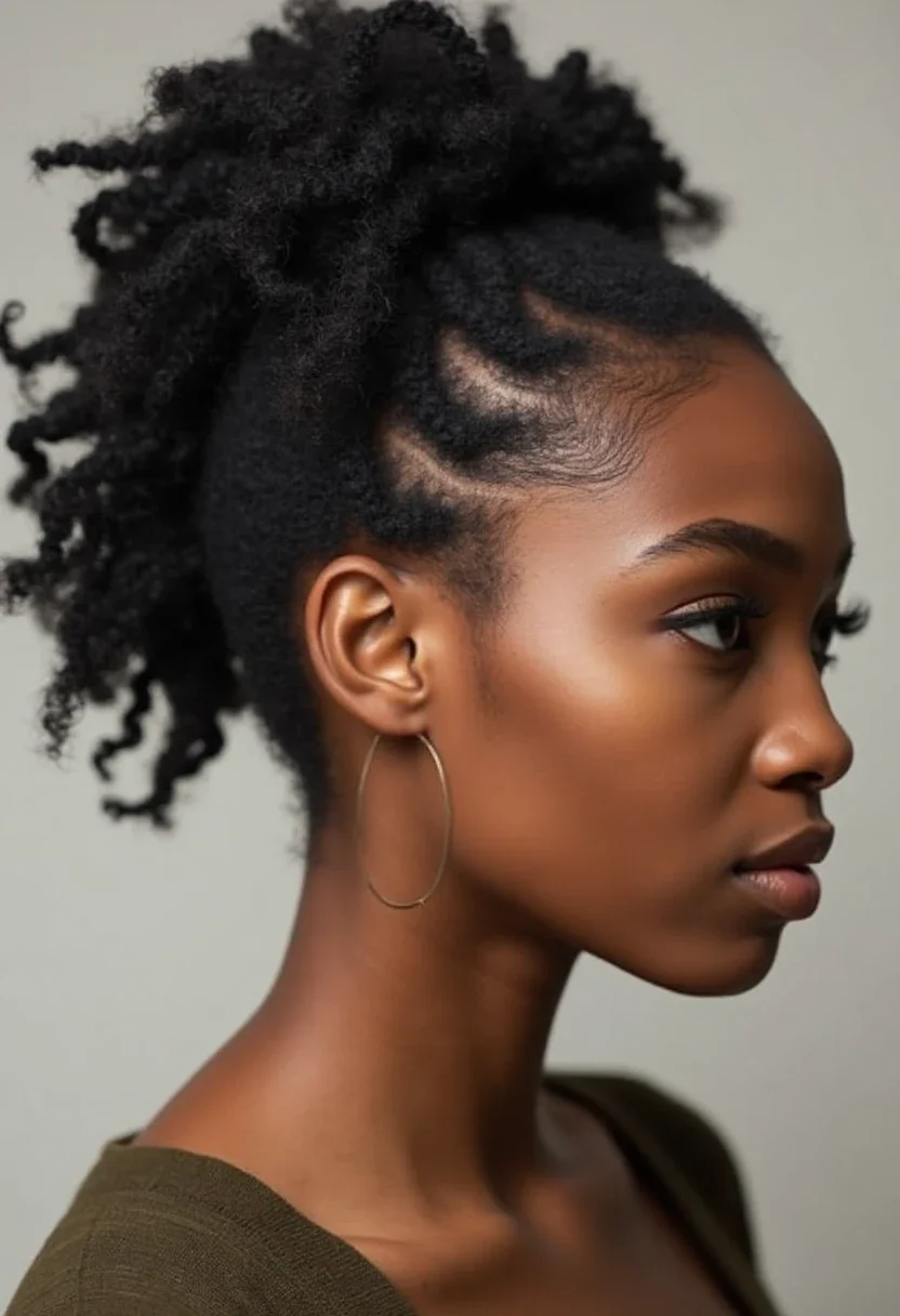 Woman with Marley twists styled in a low bun.