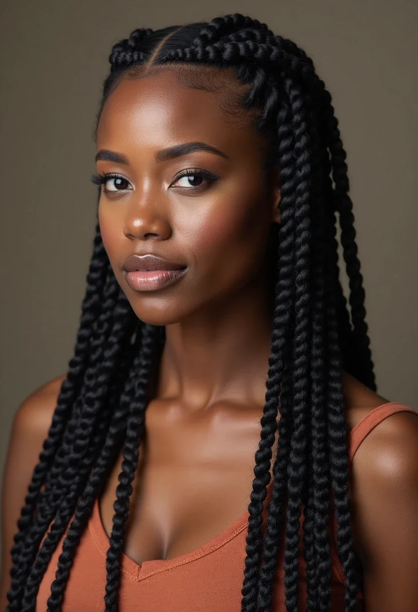 View of long box braids, uniformly sectioned.