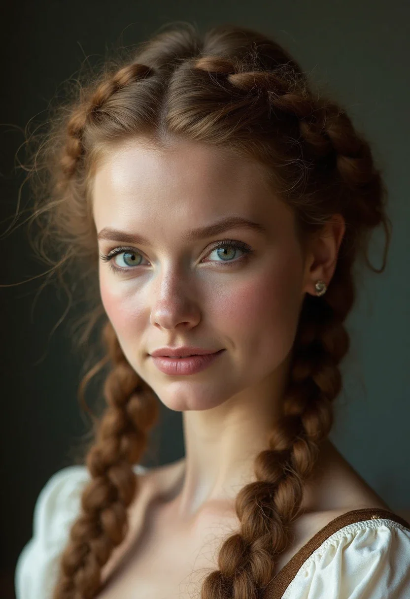 Front view of milkmaid braids pinned across the top of the head.