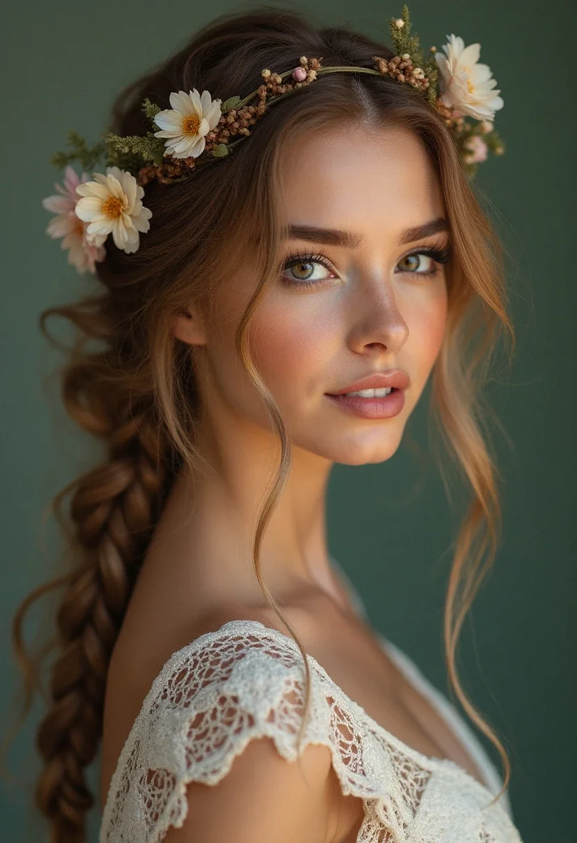 Close-up of a boho braid adorned with flowers.