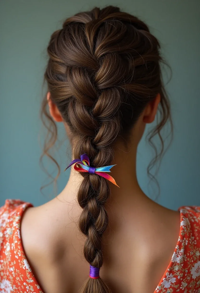 French braid with ribbon, adding a decorative and playful touch.