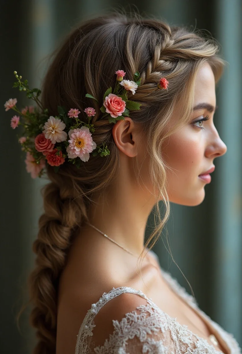 French braid with flowers, adding a natural and enchanting touch.