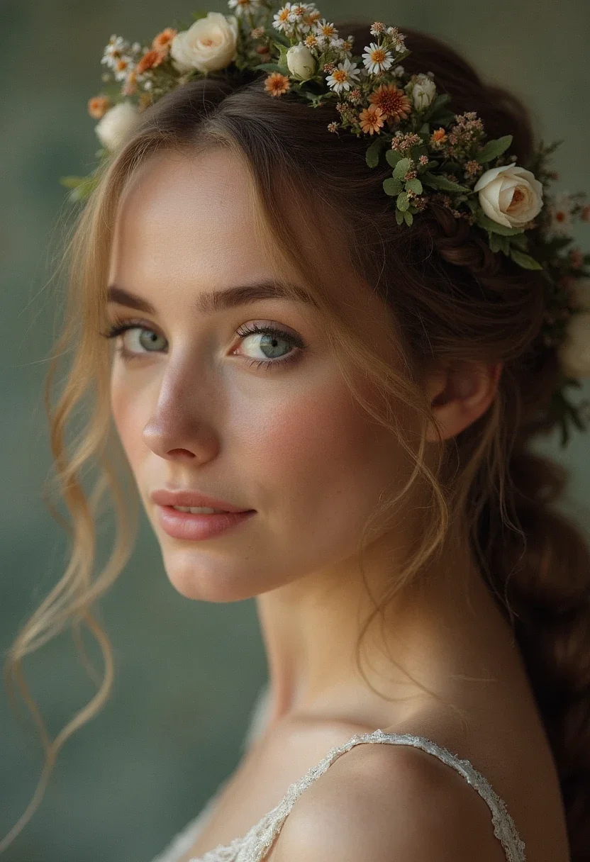 A French braid crown on a woman, decorated with small flowers.
