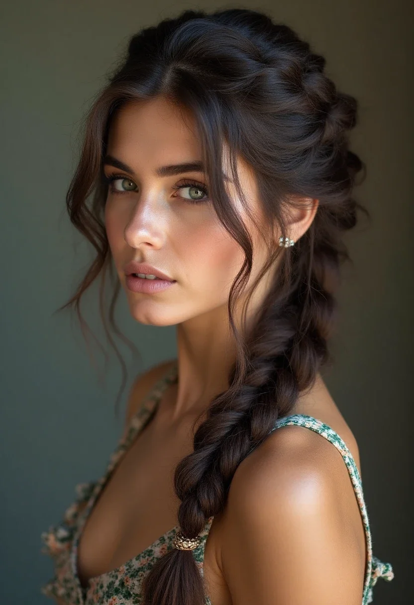 An intricate waterfall French braid on a woman's long hair.