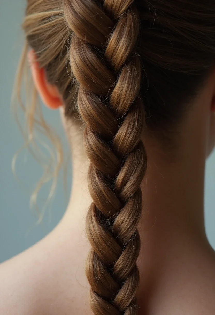 A detailed view of a French fishtail braid on long hair.
