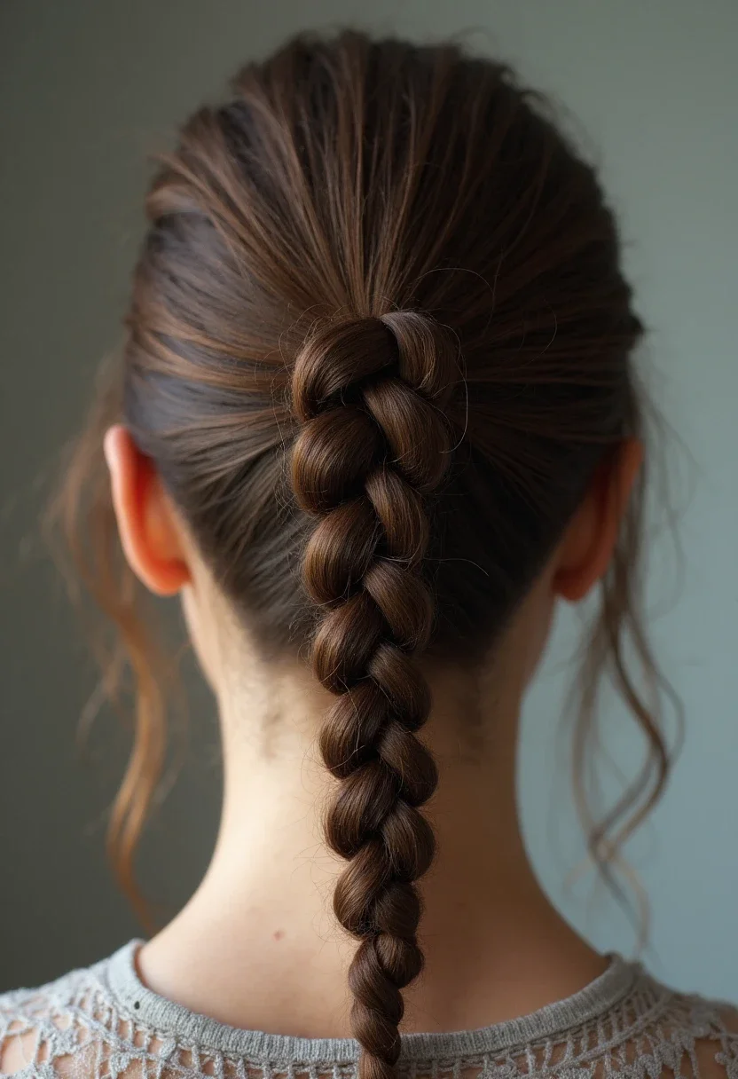 A neat French braid bun on a woman's head.