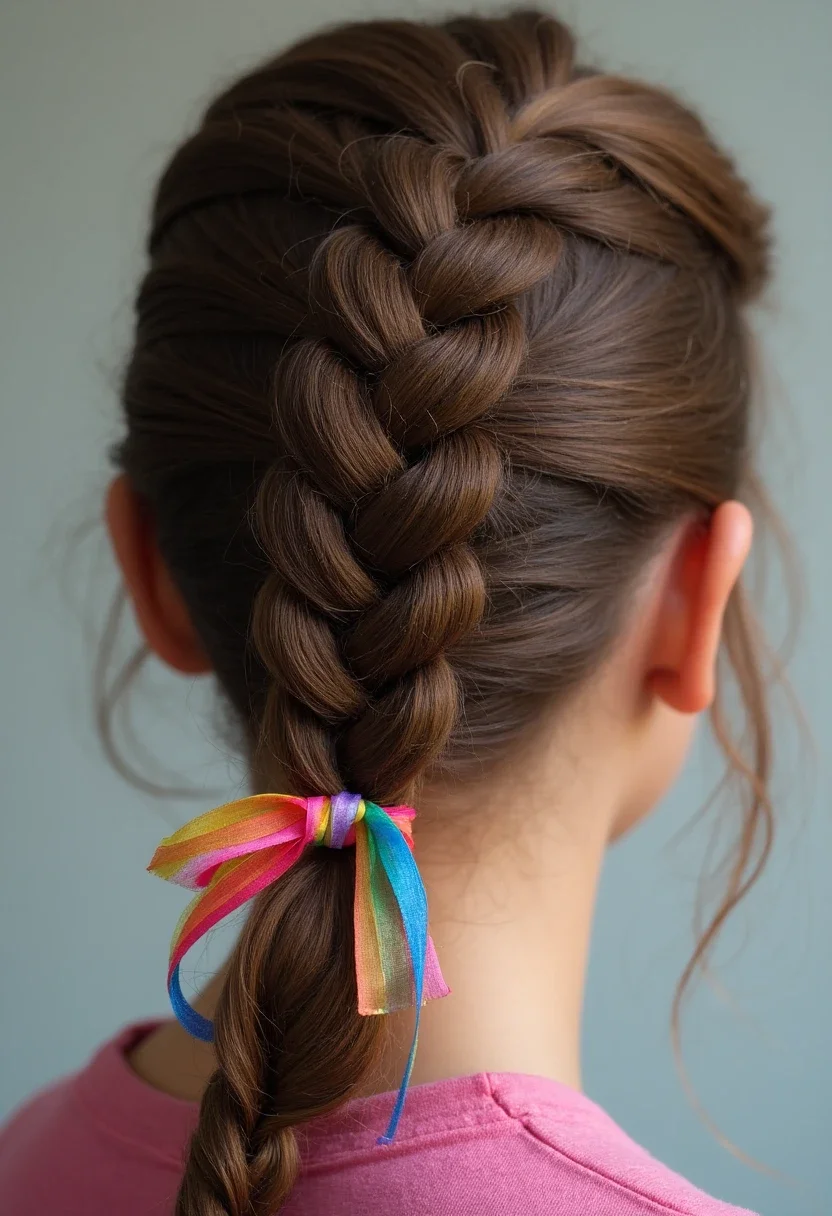 A French braid enhanced with a colorful ribbon.