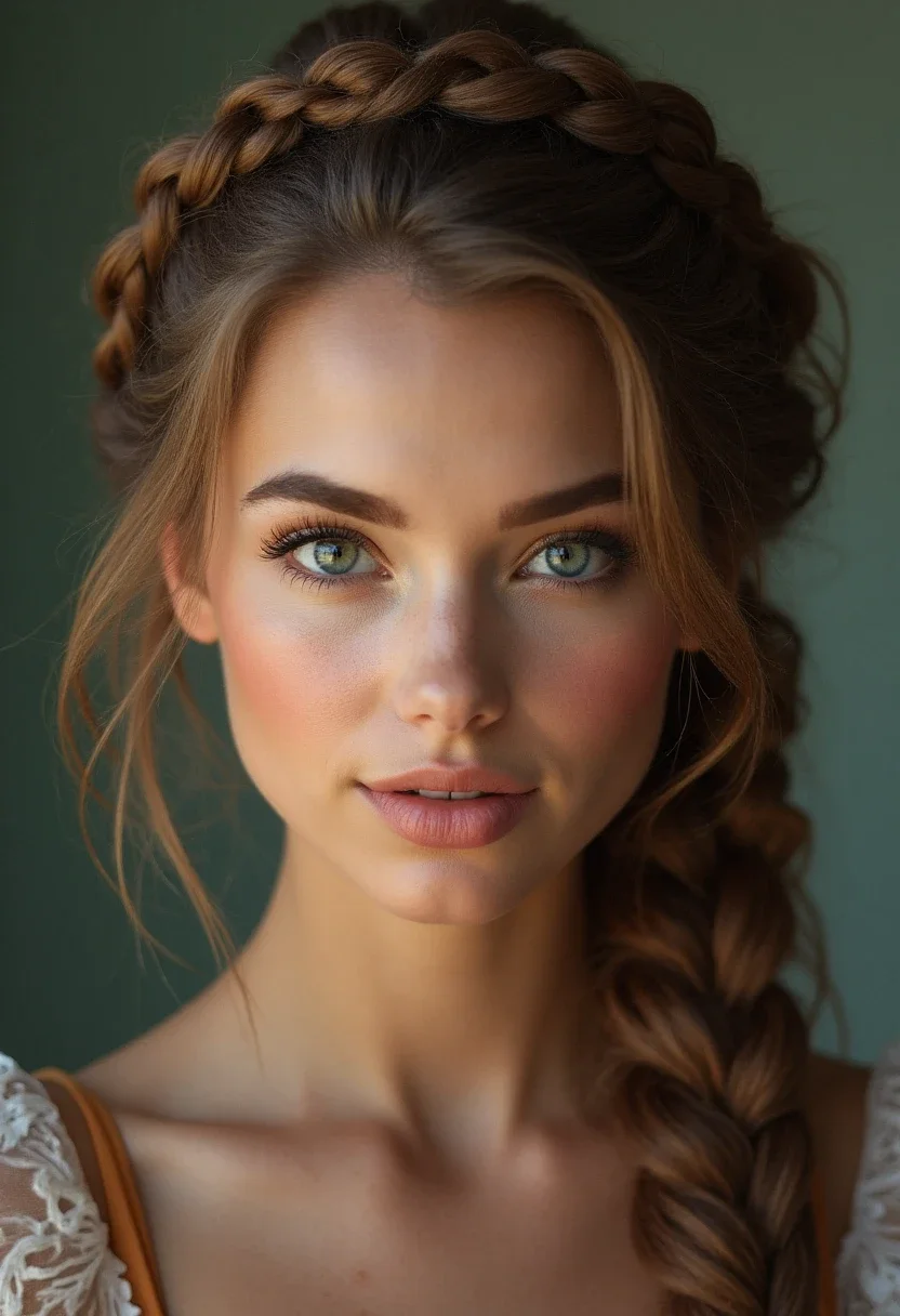 A French braid headband securing hair away from the face.