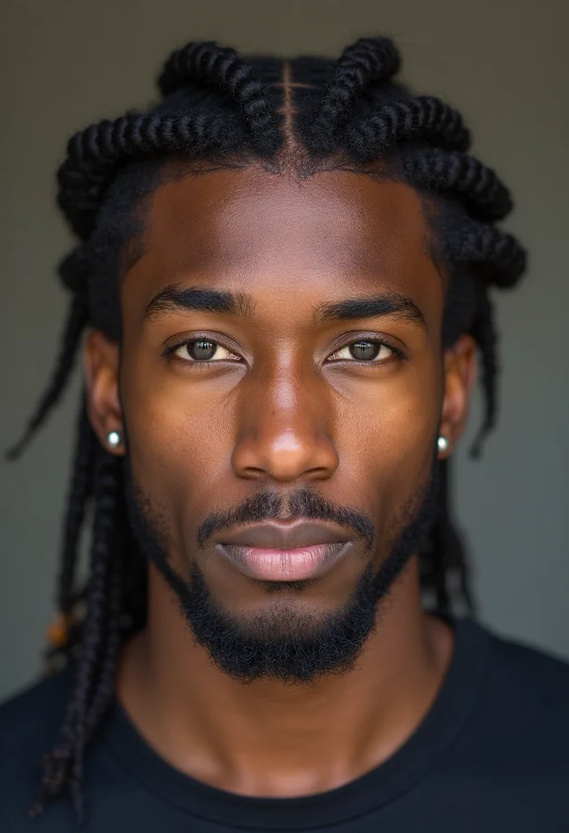 Man with classic cornrows, hair braided in straight rows.