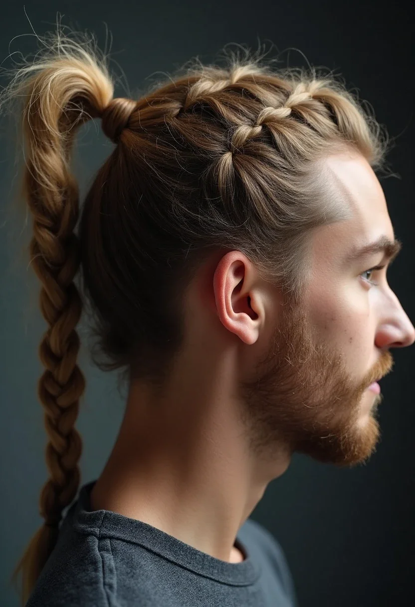 Man with a braided ponytail, showcasing a sleek and polished hairstyle.