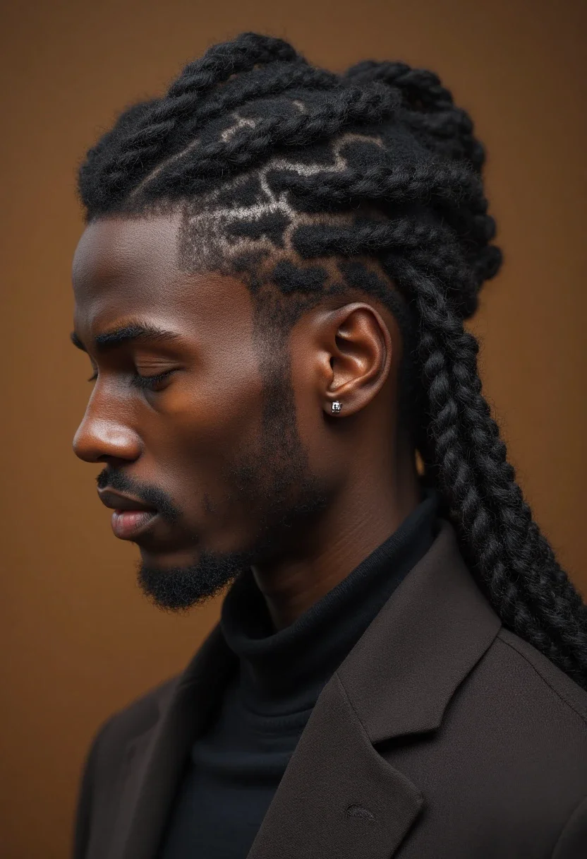 Man with halo braids, showcasing a circular braid pattern.