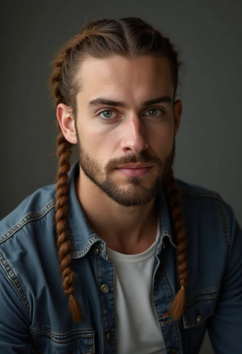 Man with French braids, hair braided neatly down the back.