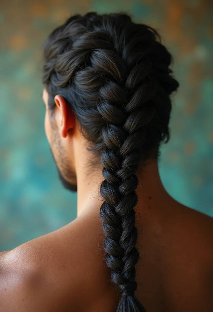 Man with a fishtail braid, showcasing intricate weaving.