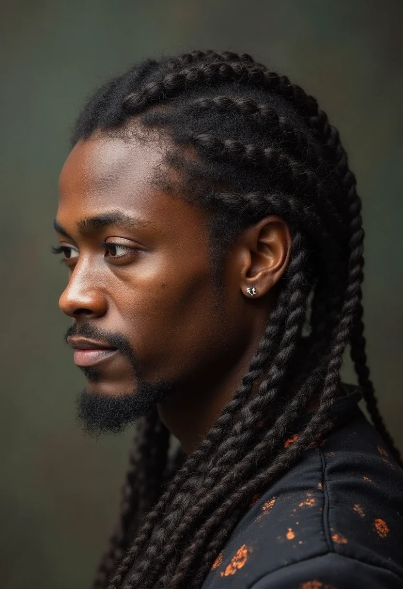 Man with feed-in braids, hair extensions blended naturally.