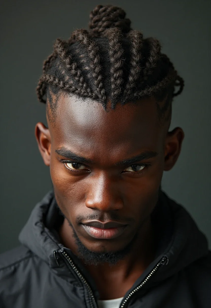 Man with intricate pattern braids, showcasing creative and complex designs.