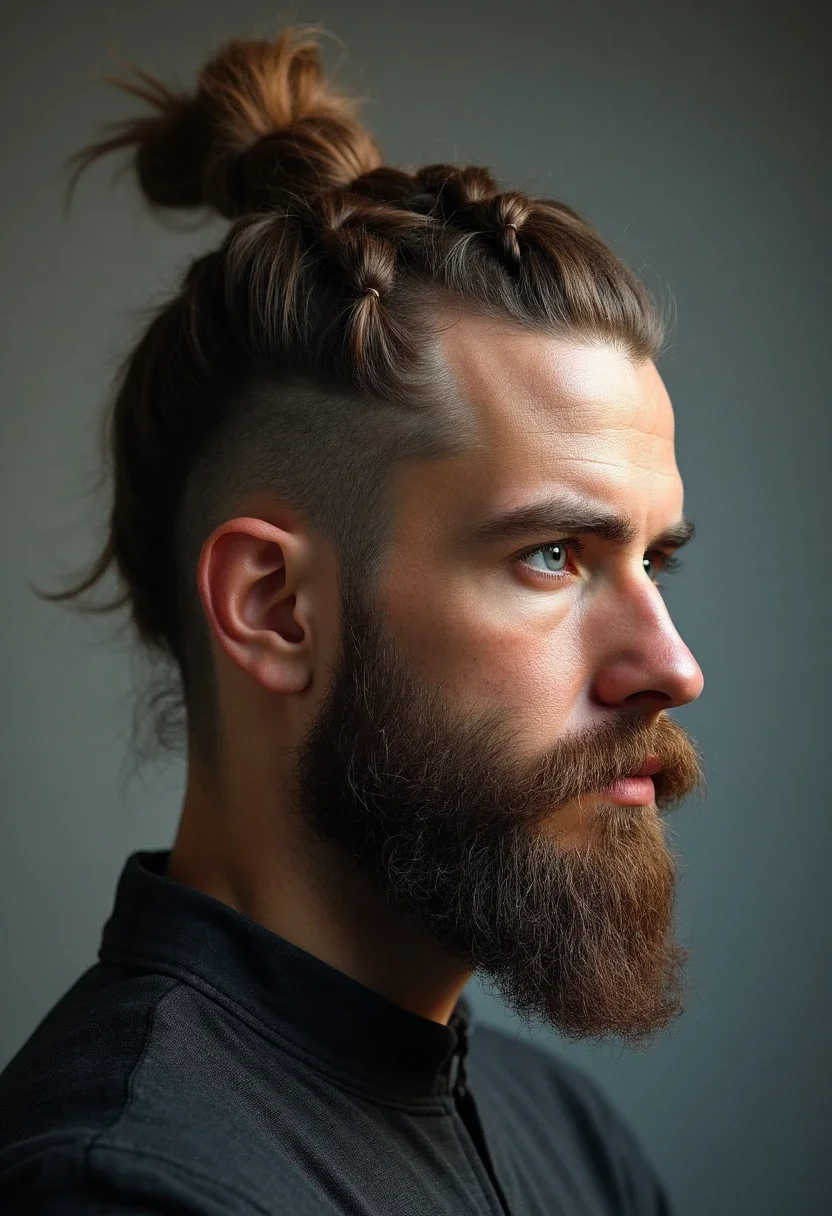 Man with a braided top knot, combining braids and a top knot.