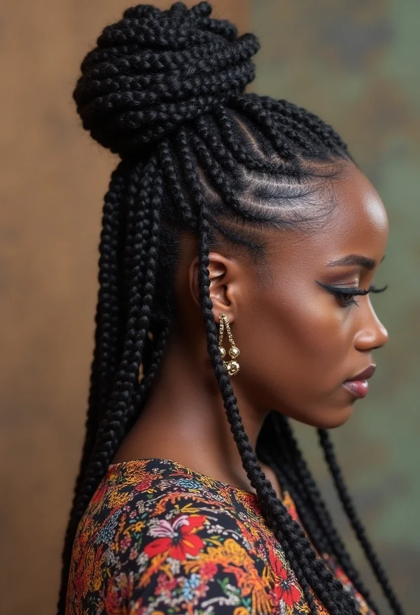 Half-up Fulani braids with a bun.