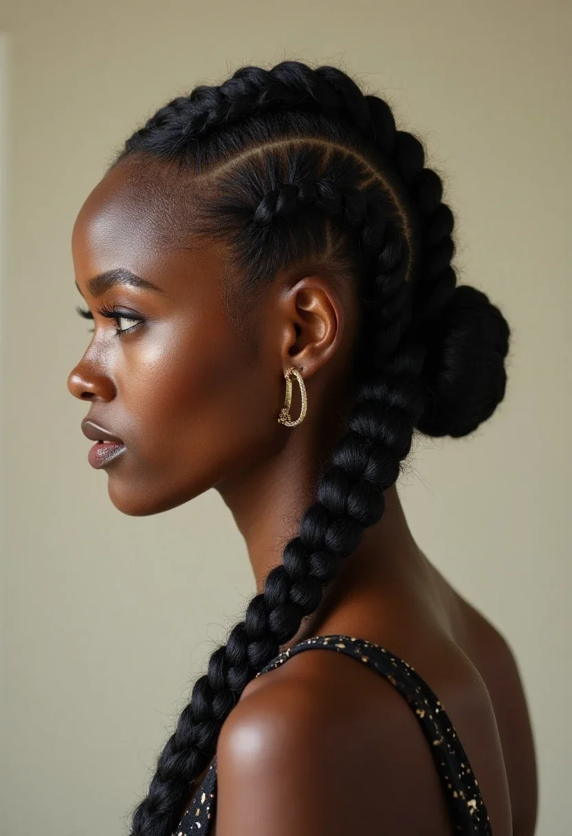 Fulani braids in a low bun.
