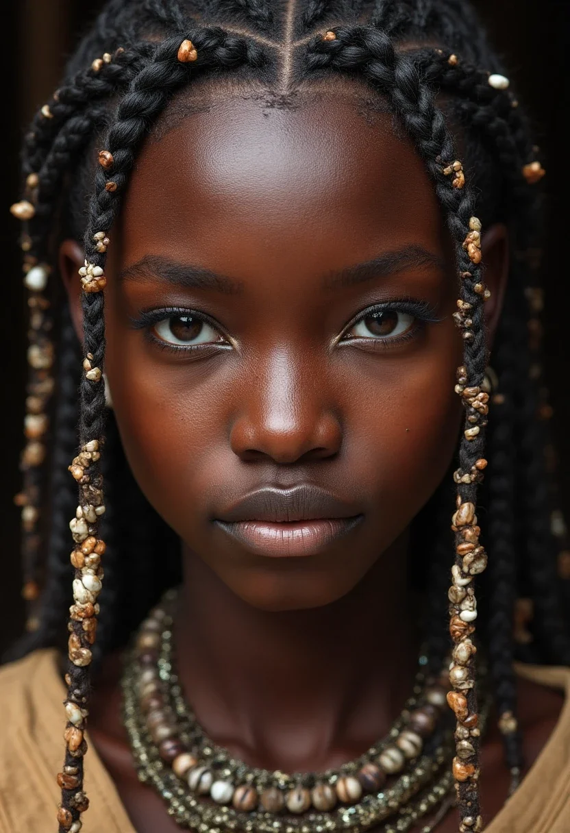 Fulani braids with shells and rings.