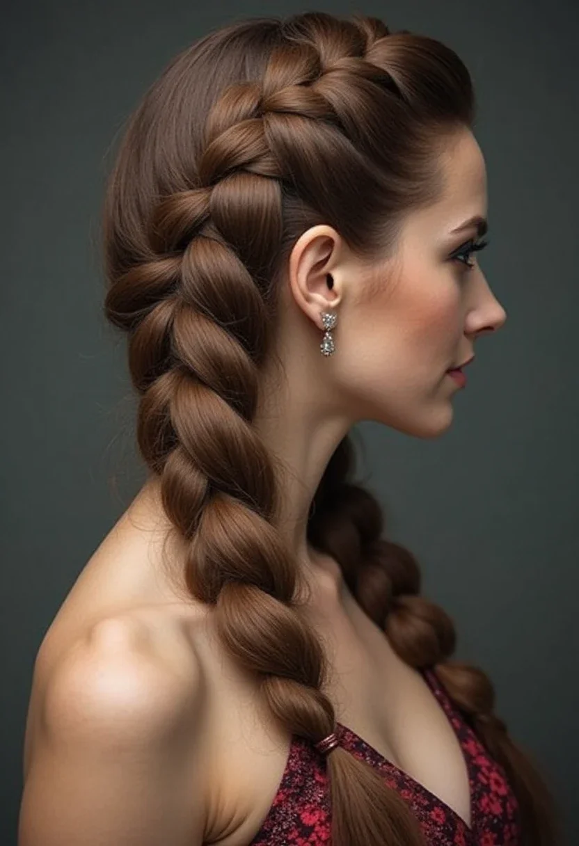 Classic French braid on long hair.