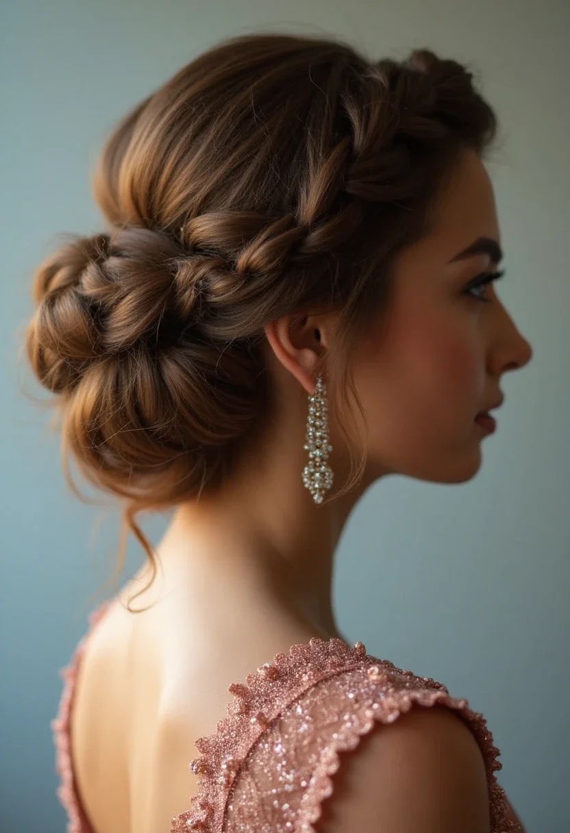 Glamorous updo with intricate braided design.
