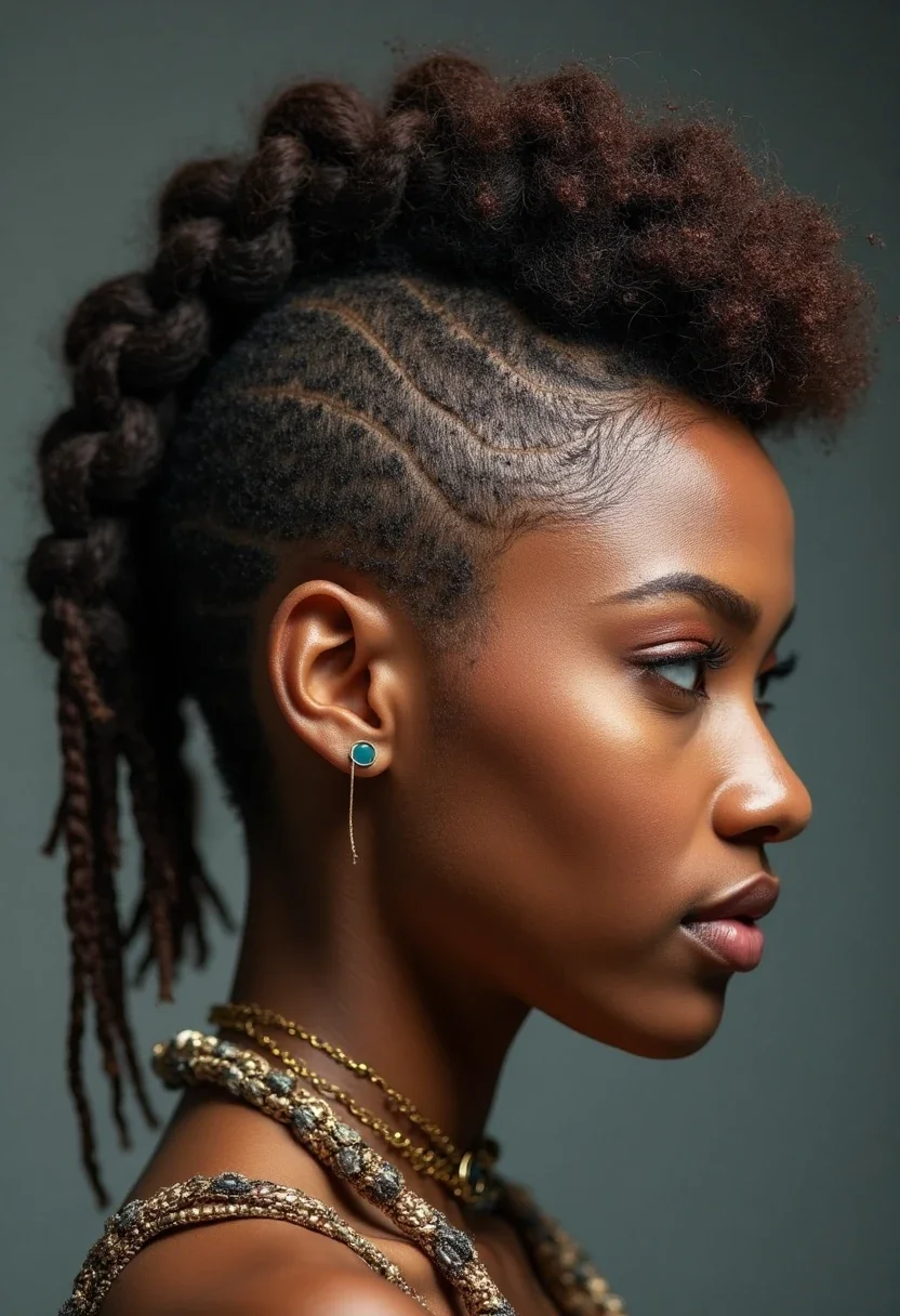 Bold braided mohawk with a rock-and-roll vibe.