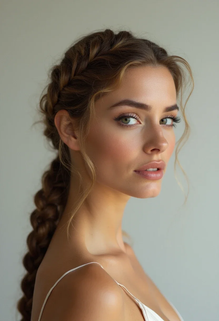 Long rope braid over one shoulder.