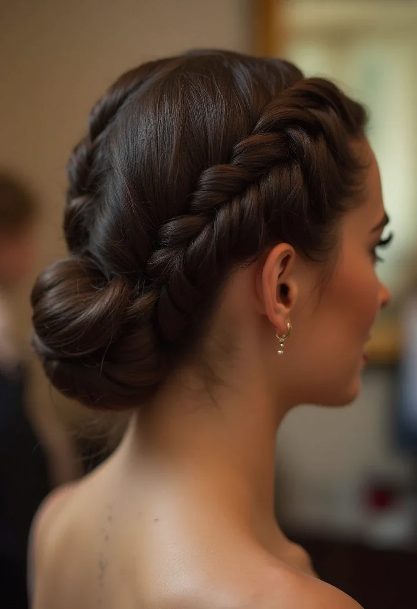 Braided updo with intricate braids.