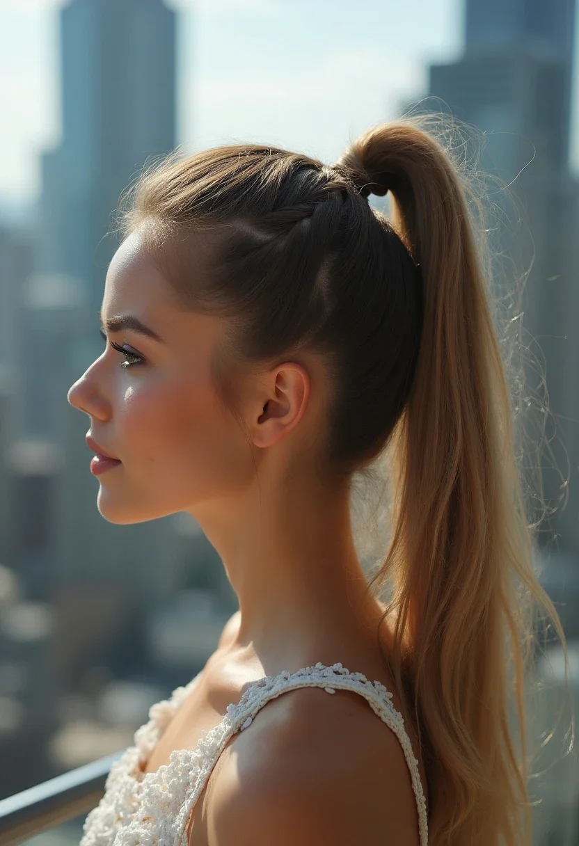 High braided ponytail with a sleek finish.