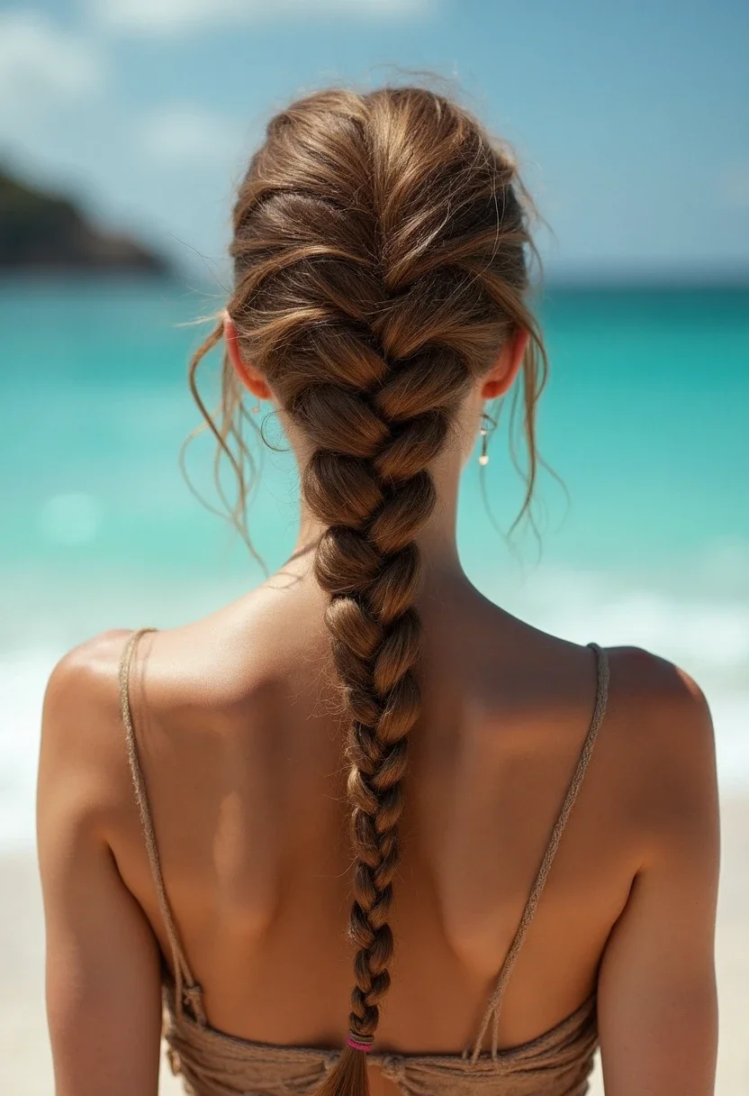 Long fishtail braid on a woman's back.