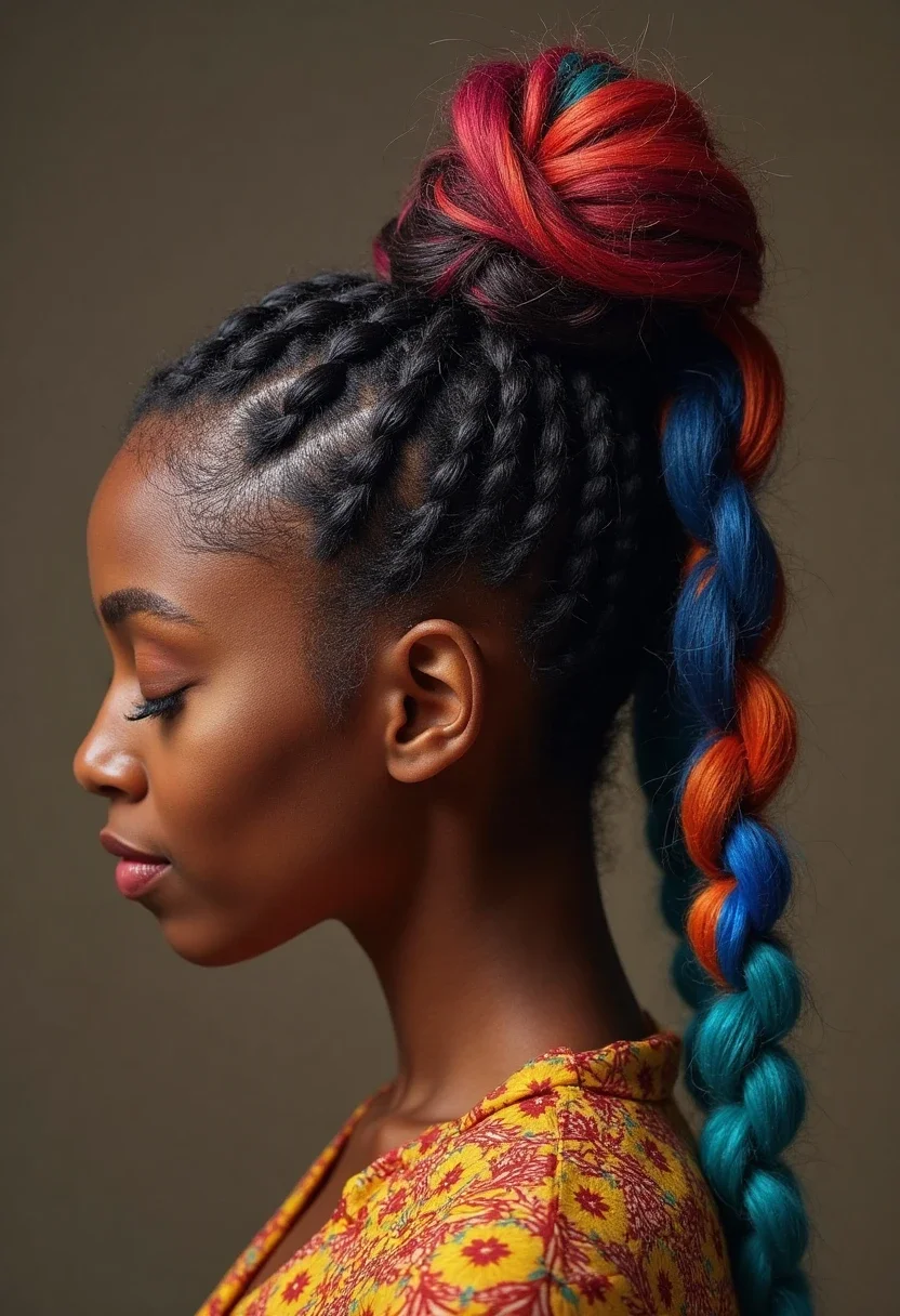 Close-up of box braids in a high bun.