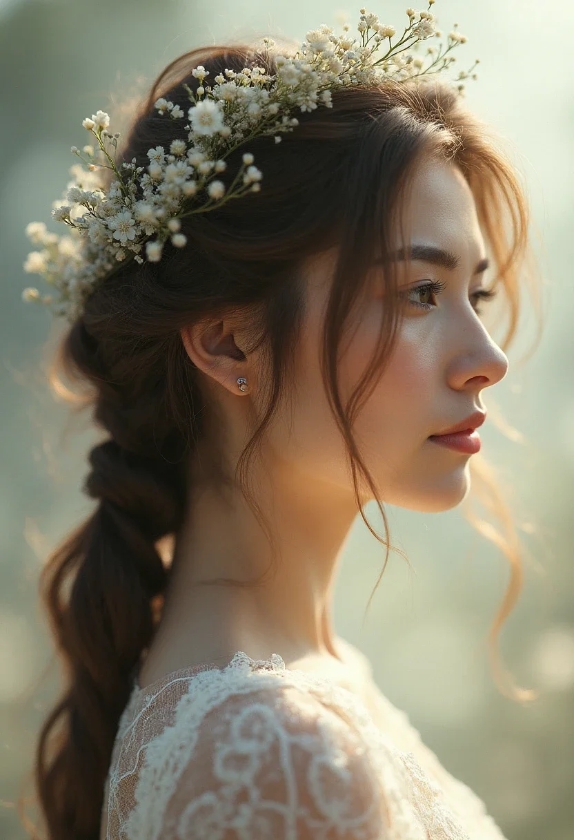 Halo braid with small white flowers.