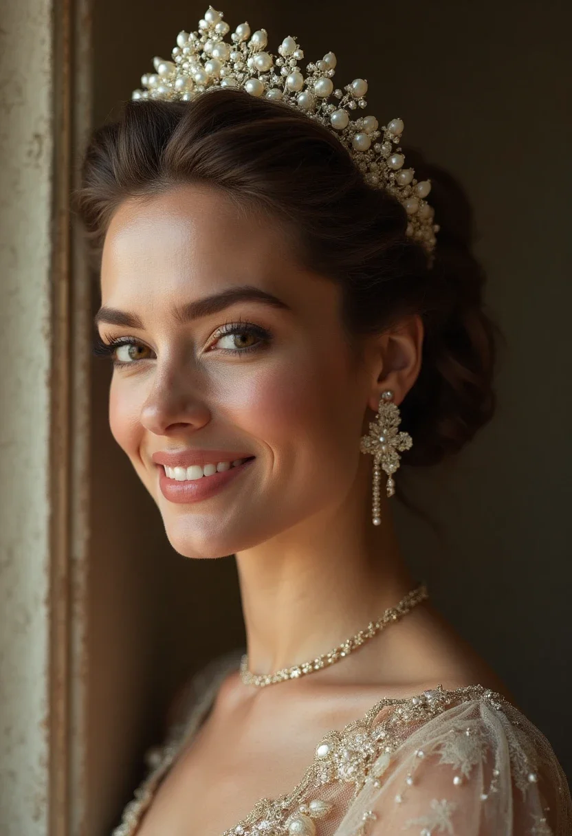 Crown braid with pearl pins.