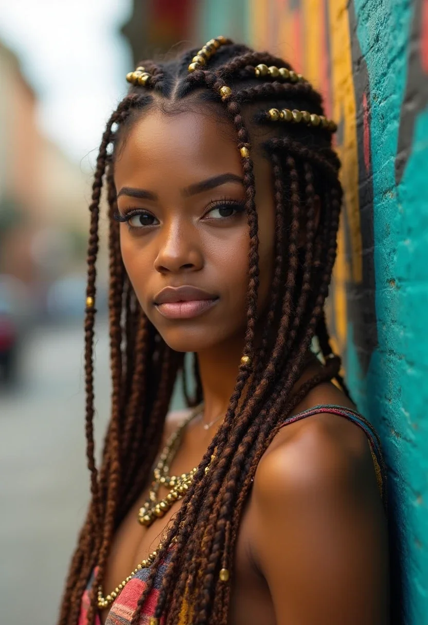 Goddess braids with golden beads.