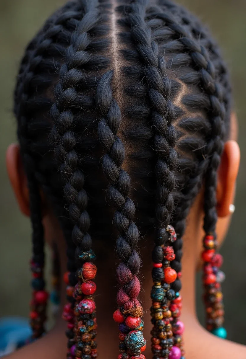 Cornrows with geometric pattern and colorful beads.