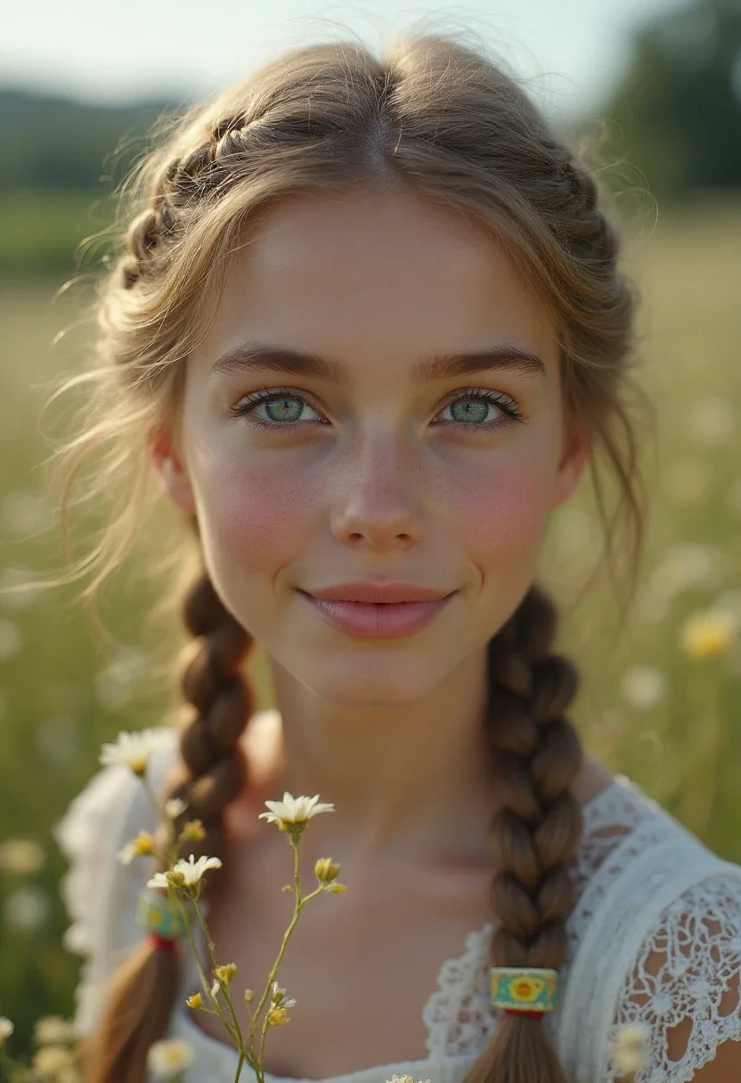 Milkmaid braids with wildflowers.