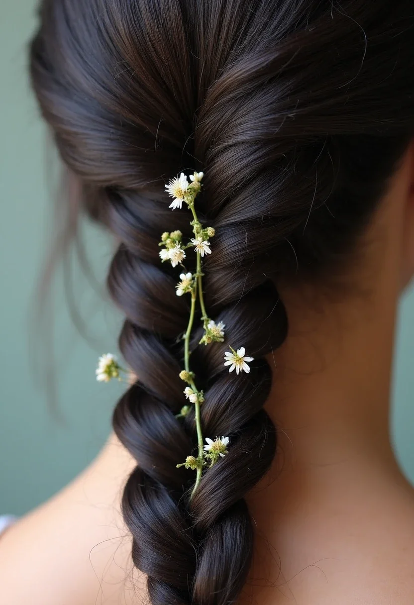 Fishtail boho braid with flowers in dark hair.