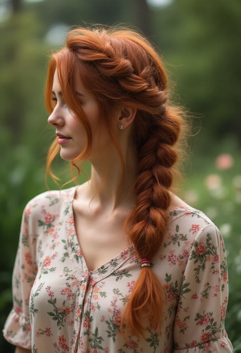 Side-swept boho braid in auburn hair in a garden.