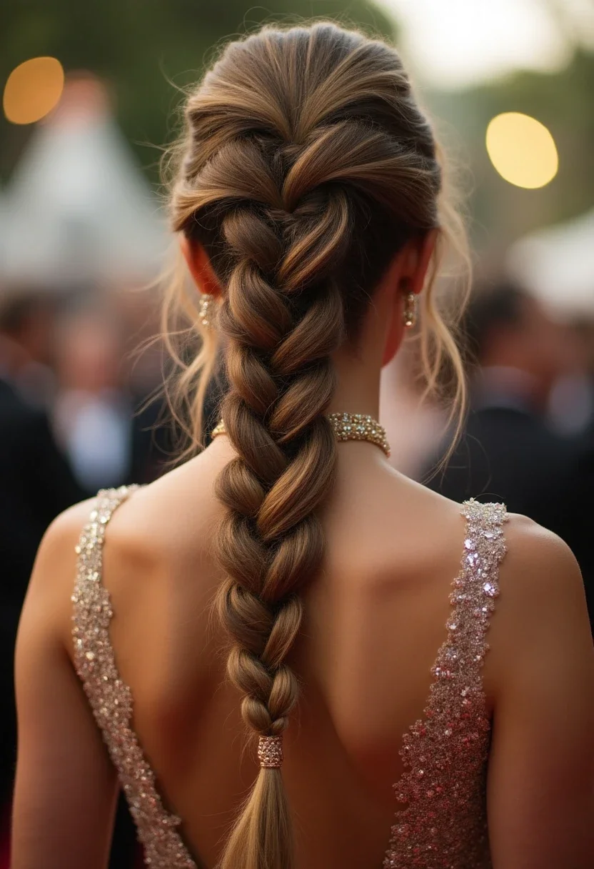 Layered boho braid with highlights at a formal event.