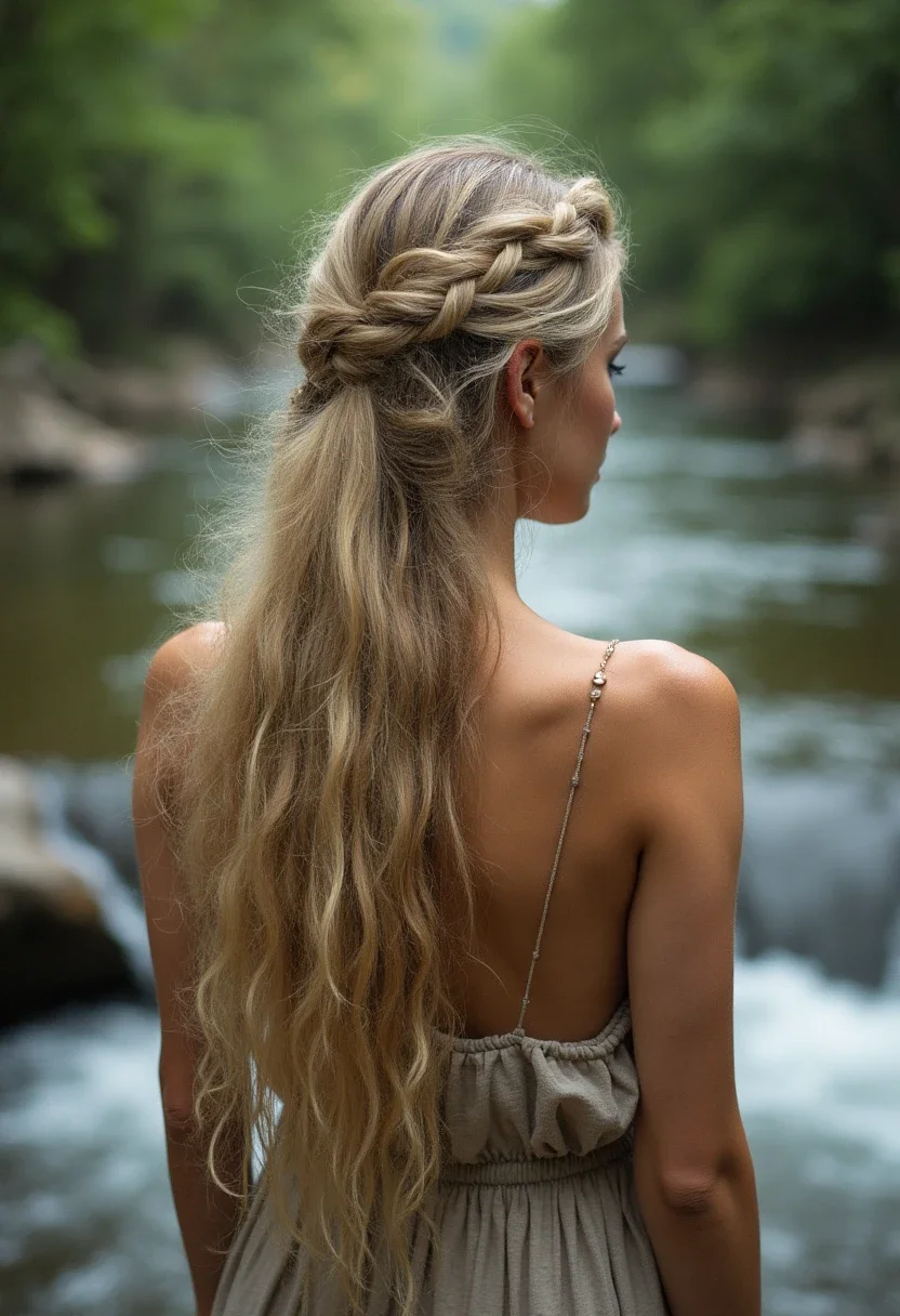 Waterfall boho braid in blonde hair by a stream.