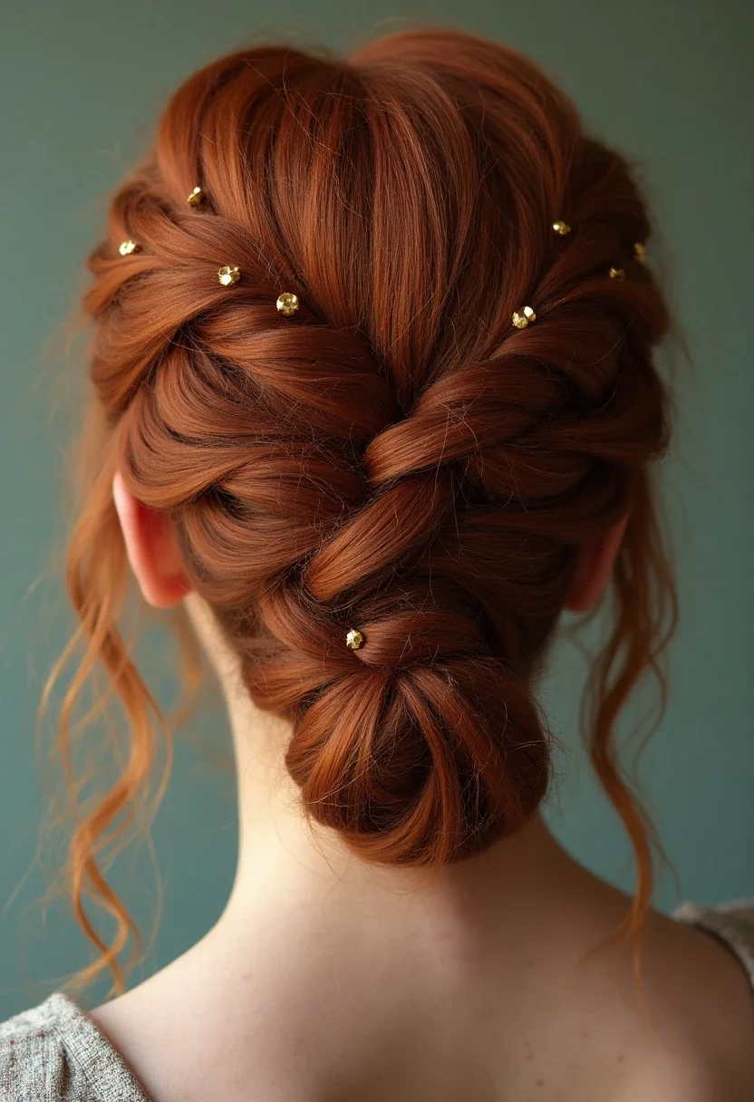 Intricate boho braided updo with gold hairpins.